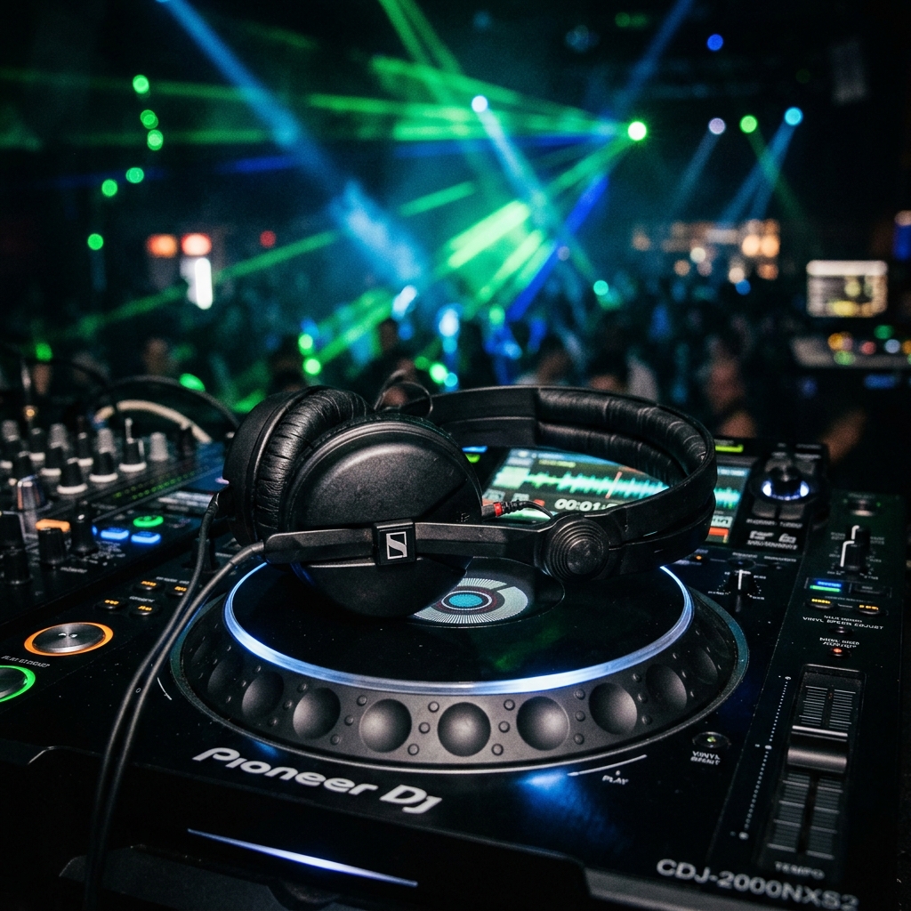 Premium DJ monitoring headphones resting on CDJ jog wheel
