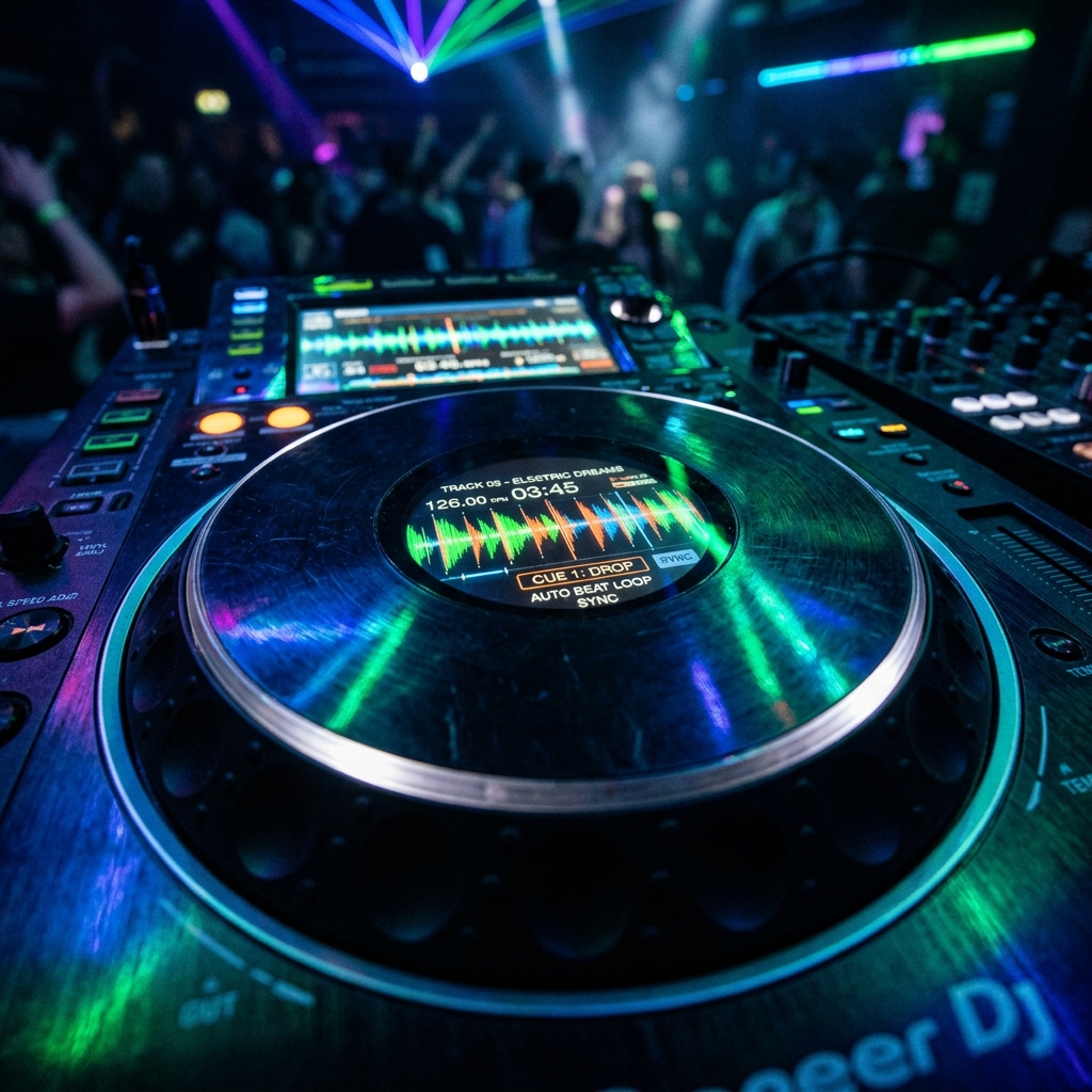 Close-up of a Pioneer CDJ media player turntable in a dark club setting with blue and green laser beams