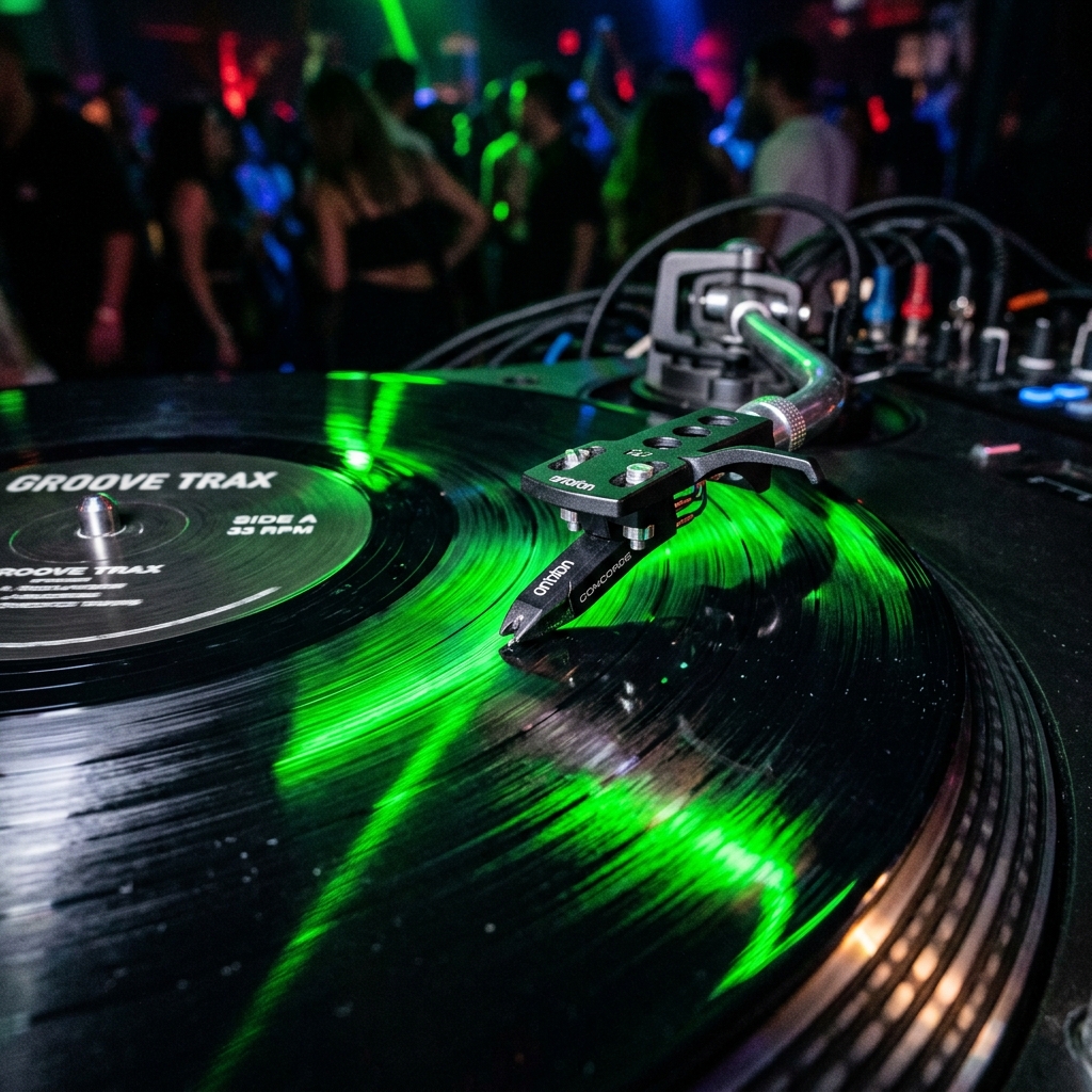 Close-up macro of a turntable needle cartridge scratching a vinyl record under laser green light